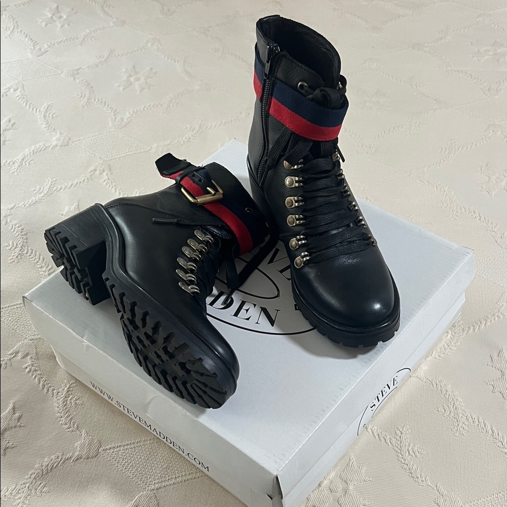 Steve Madden Black Boots with Red and Blue Accents